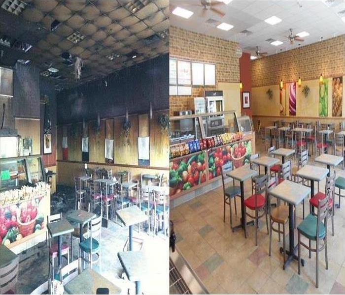 Collage of a before and after of a store damaged by fire